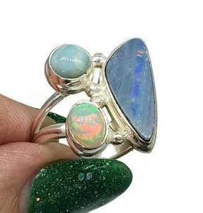 Australian Opal, Larimar & Ethiopian Opal Ring, Size 6, Sterling Silver, Aura Gem - GemzAustralia 