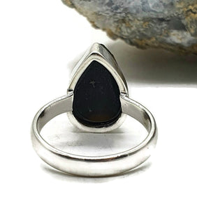 Black Tektite Ring, Size 7, Sterling Silver, Meteorite Stone, Pear Shaped, Aries & Cancer - GemzAustralia 