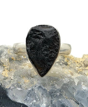 Load image into Gallery viewer, Black Tektite Ring, Size 7, Sterling Silver, Meteorite Stone, Pear Shaped, Aries &amp; Cancer - GemzAustralia 