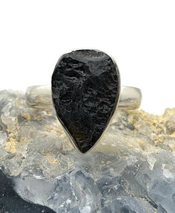 Black Tektite Ring, Size 7, Sterling Silver, Meteorite Stone, Pear Shaped, Aries & Cancer - GemzAustralia 