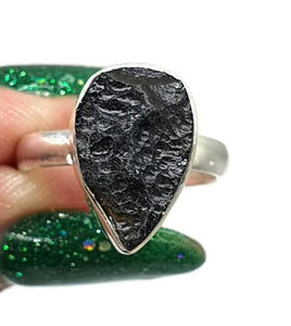 Black Tektite Ring, Size 7, Sterling Silver, Meteorite Stone, Pear Shaped, Aries & Cancer - GemzAustralia 