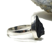 Load image into Gallery viewer, Black Tektite Ring, Size 7, Sterling Silver, Meteorite Stone, Pear Shaped, Aries &amp; Cancer - GemzAustralia 