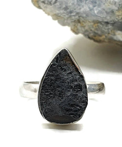 Black Tektite Ring, Size 7, Sterling Silver, Meteorite Stone, Pear Shaped, Aries & Cancer - GemzAustralia 