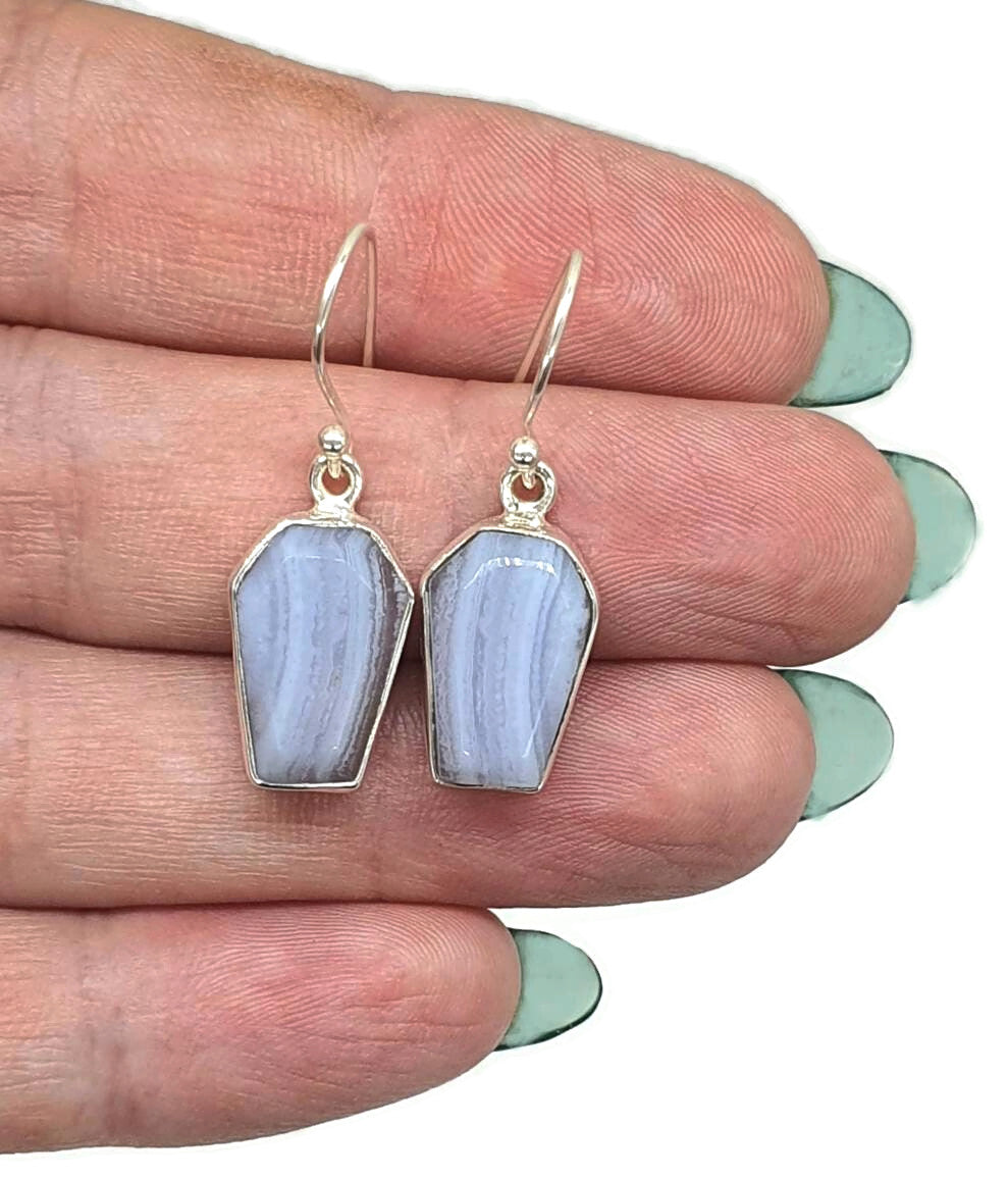 Blue Lace Agate Earrings, Sterling Silver, Coffin Design, Communication Stone - GemzAustralia 