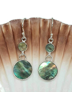 Paua Shell Earrings, Sterling Silver, Abalone Shell, Dangly Round Drops, Prosperity - GemzAustralia 
