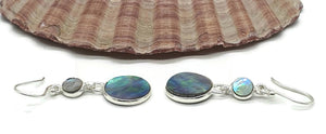 Paua Shell Earrings, Sterling Silver, Abalone Shell, Dangly Round Drops, Prosperity - GemzAustralia 