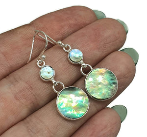 Paua Shell Earrings, Sterling Silver, Abalone Shell, Dangly Round Drops, Prosperity - GemzAustralia 