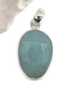 Faceted Aquamarine Pendant, Sterling Silver, March Birthstone, Rustic Oval Shape - GemzAustralia 