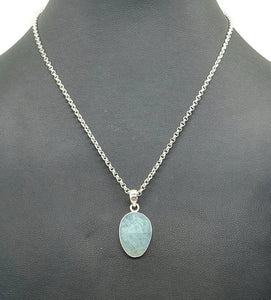 Faceted Aquamarine Pendant, Sterling Silver, March Birthstone, Rustic Oval Shape - GemzAustralia 