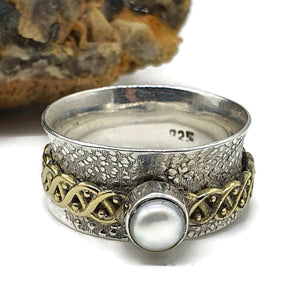 Pearl Spinner ring, Size 8, Two Tone, Sterling Silver, Solid Gold brass, Meditation Ring - GemzAustralia 
