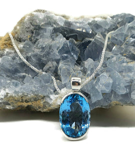 AAA+ Swiss Blue Topaz Pendant, 39 carats, Sterling Silver, Oval Faceted - GemzAustralia 