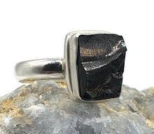 Load image into Gallery viewer, Shungite Ring, Size 7, Sterling Silver, Rectangle Shaped, Black Lustrous Gemstone - GemzAustralia 