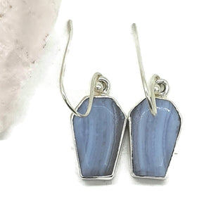 Blue Lace Agate Earrings, Sterling Silver, Coffin Design, Communication Stone - GemzAustralia 