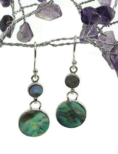 Paua Shell Earrings, Sterling Silver, Abalone Shell, Dangly Round Drops, Prosperity - GemzAustralia 