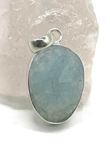 Faceted Aquamarine Pendant, Sterling Silver, March Birthstone, Rustic Oval Shape - GemzAustralia 