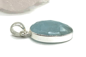 Faceted Aquamarine Pendant, Sterling Silver, March Birthstone, Rustic Oval Shape - GemzAustralia 