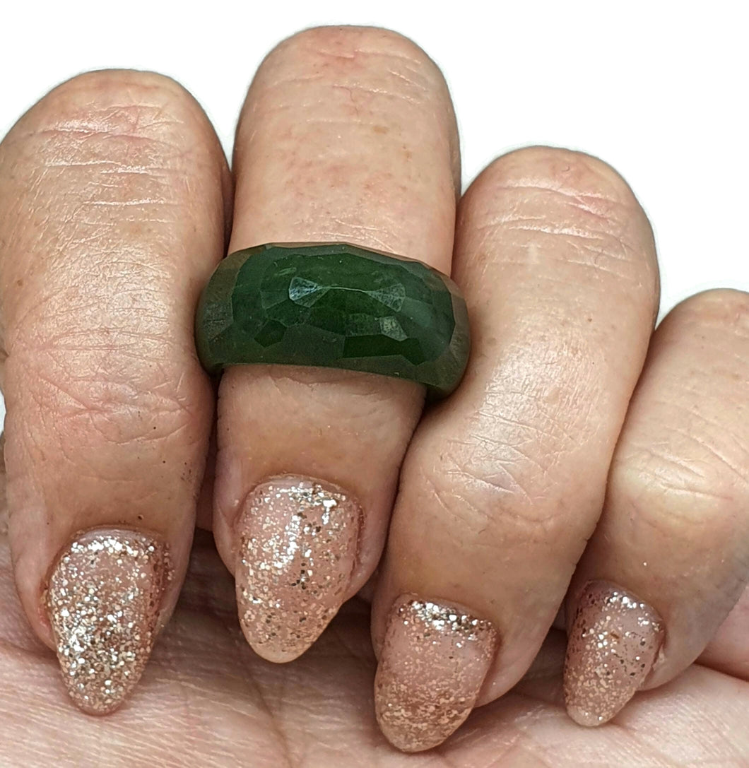 Green Jade Ring, Size 7.5, Deep Green Nephrite Jade, Faceted, British Columbia Jade - GemzAustralia 
