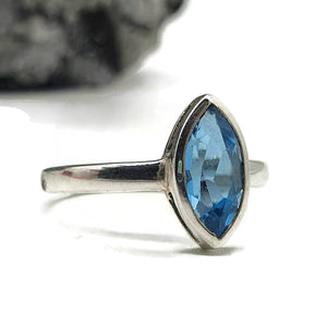 Swiss Blue Topaz Ring, Size 6.5, Marquise Faceted, 1.2 carats, Sterling Silver - GemzAustralia 