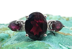 Garnet & Diamond Ring, Size 8, Sterling Silver, Trilogy Ring, Love, Kindness, Compassion - GemzAustralia 