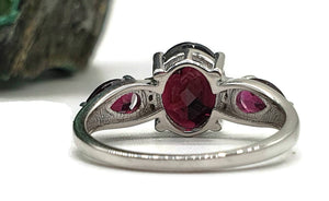 Garnet & Diamond Ring, Size 8, Sterling Silver, Trilogy Ring, Love, Kindness, Compassion - GemzAustralia 