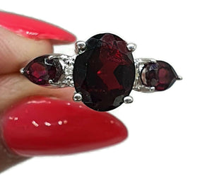 Garnet & Diamond Ring, Size 8, Sterling Silver, Trilogy Ring, Love, Kindness, Compassion - GemzAustralia 