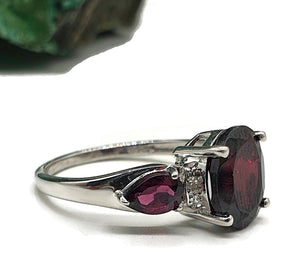 Garnet & Diamond Ring, Size 8, Sterling Silver, Trilogy Ring, Love, Kindness, Compassion - GemzAustralia 