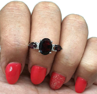 Garnet & Diamond Ring, Size 8, Sterling Silver, Trilogy Ring, Love, Kindness, Compassion - GemzAustralia 