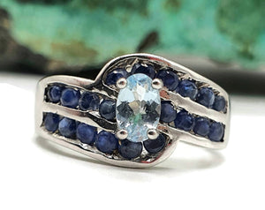 Aquamarine & Sapphire Ring, Sterling Silver, Size 6, March and September Birthstones - GemzAustralia 