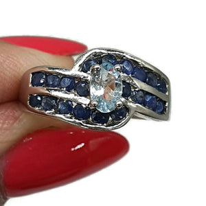 Aquamarine & Sapphire Ring, Sterling Silver, Size 6, March and September Birthstones - GemzAustralia 