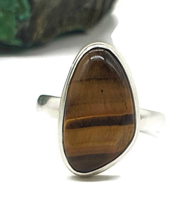 Tiger's Eye Ring, Size 11, Sterling Silver, Natural Shape, Kundalini Awakening, Courage - GemzAustralia 