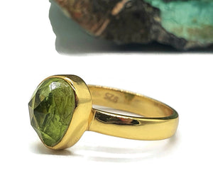 Rose Cut Peridot Ring, Size 8, Sterling Silver, 18K gold Electroplated, Natural Gemstone - GemzAustralia 