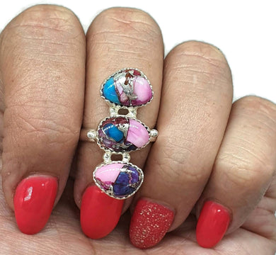 Pink Opal & Oyster Turquoise Ring, Size 6.5, Three Stone Ring, Sterling Silver, Love Stone - GemzAustralia 