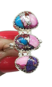 Pink Opal & Oyster Turquoise Ring, Size 6.5, Three Stone Ring, Sterling Silver, Love Stone - GemzAustralia 