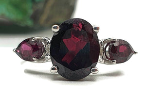 Garnet & Diamond Ring, Size 8, Sterling Silver, Trilogy Ring, Love, Kindness, Compassion - GemzAustralia 