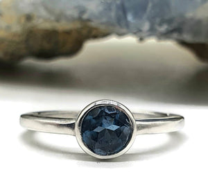 London Blue Topaz Ring, Size 8 Sterling Silver, Round Shaped Solitaire Ring - GemzAustralia 