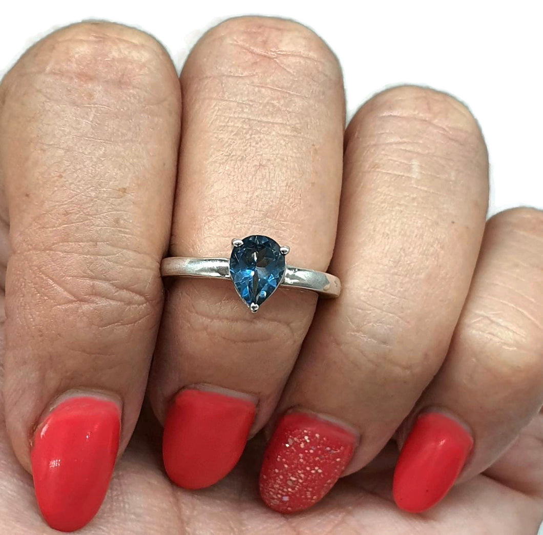 Pear Shaped London Blue Topaz Ring, Size 6, Sterling Silver, December Birthstone - GemzAustralia 