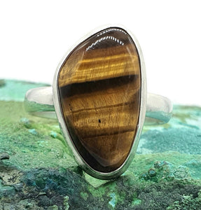 Tiger's Eye Ring, Size 11, Sterling Silver, Natural Shape, Kundalini Awakening, Courage - GemzAustralia 