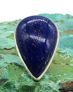 Huge Lapis Lazuli Ring, Size 6.5, Sterling Silver, Teardrop, Protection Gemstone - GemzAustralia 