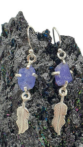 Raw Tanzanite Feather Earrings, Sterling Silver, Blue / Purple Gem, Psychic Stone - GemzAustralia 