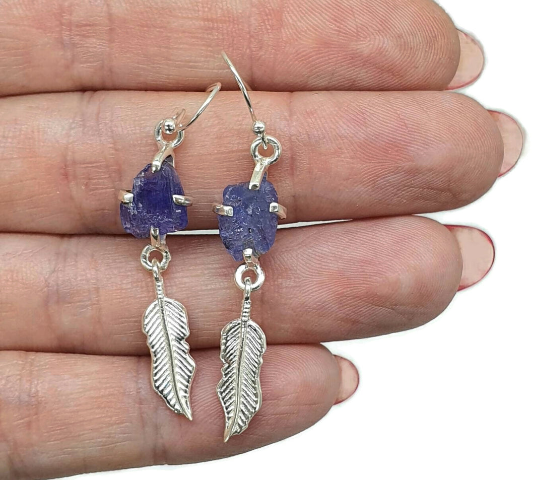 Raw Tanzanite Feather Earrings, Sterling Silver, Blue / Purple Gem, Psychic Stone - GemzAustralia 