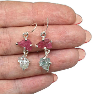 Raw Ruby & Aquamarine Earrings, Sterling Silver, July and March Birthstones - GemzAustralia 