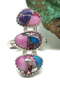 Pink Opal & Oyster Turquoise Ring, Size 6.5, Three Stone Ring, Sterling Silver, Love Stone - GemzAustralia 