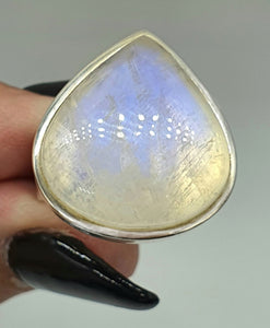 Rainbow Moonstone Ring, Size 6 3/4, Sterling Silver, Pear Shape, Psychic Protection - GemzAustralia 