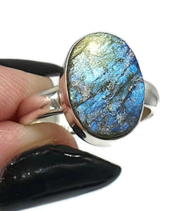 Raw Labradorite Ring, Size 7, Sterling Silver, Oval Shaped, Blue Green Labradorite - GemzAustralia 