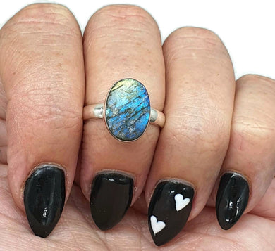 Raw Labradorite Ring, Size 7, Sterling Silver, Oval Shaped, Blue Green Labradorite - GemzAustralia 