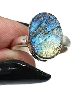 Raw Labradorite Ring, Size 7, Sterling Silver, Oval Shaped, Blue Green Labradorite - GemzAustralia 