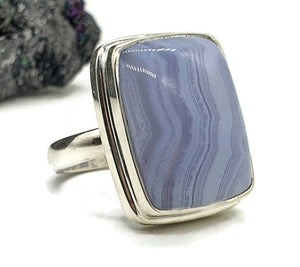 Blue Lace Agate Ring, Size 5.75, Sterling Silver, Rectangle Shaped - GemzAustralia 