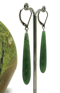 Long Drop Nephrite Jade Earrings, Sterling Silver, Deep Green Jade - GemzAustralia 