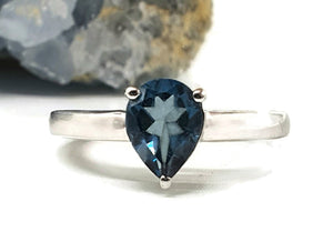 Pear Shaped London Blue Topaz Ring, Size 6, Sterling Silver, December Birthstone - GemzAustralia 
