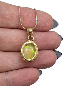 Oval Ethiopian Opal Pendant, Sterling Silver, 18K Gold Plated, October Birthstone - GemzAustralia 